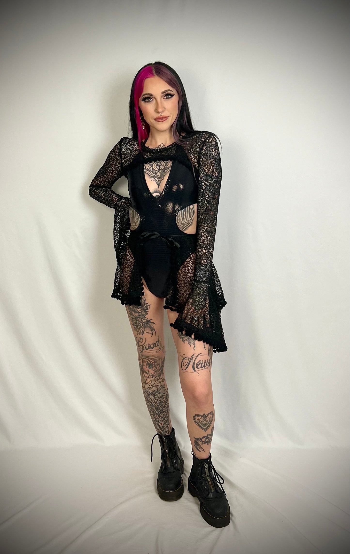 Black Spider Mesh Pom Pom Cover Up Set